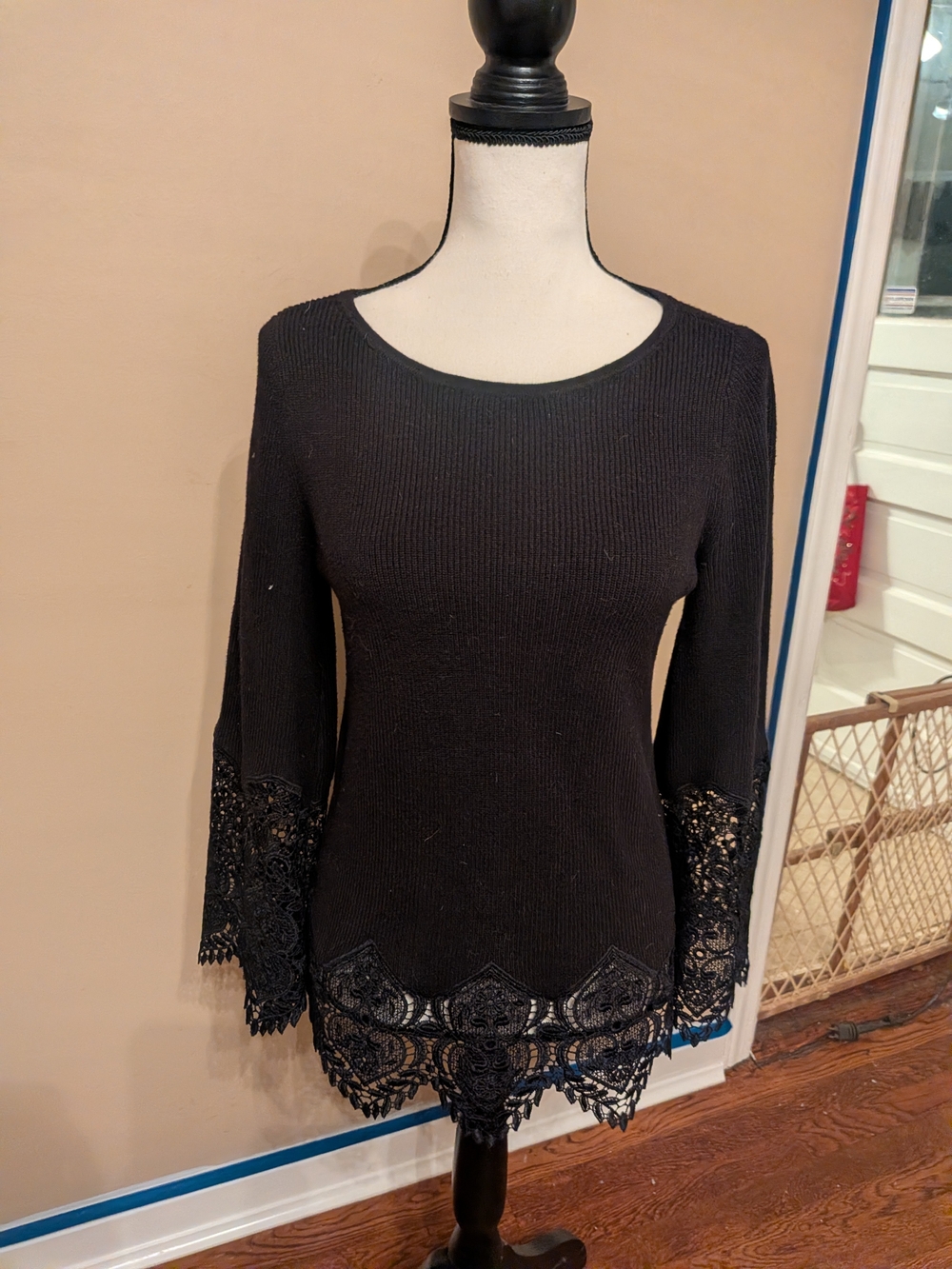 Chico's Black Knit Top with Lace Hem and Cuffs